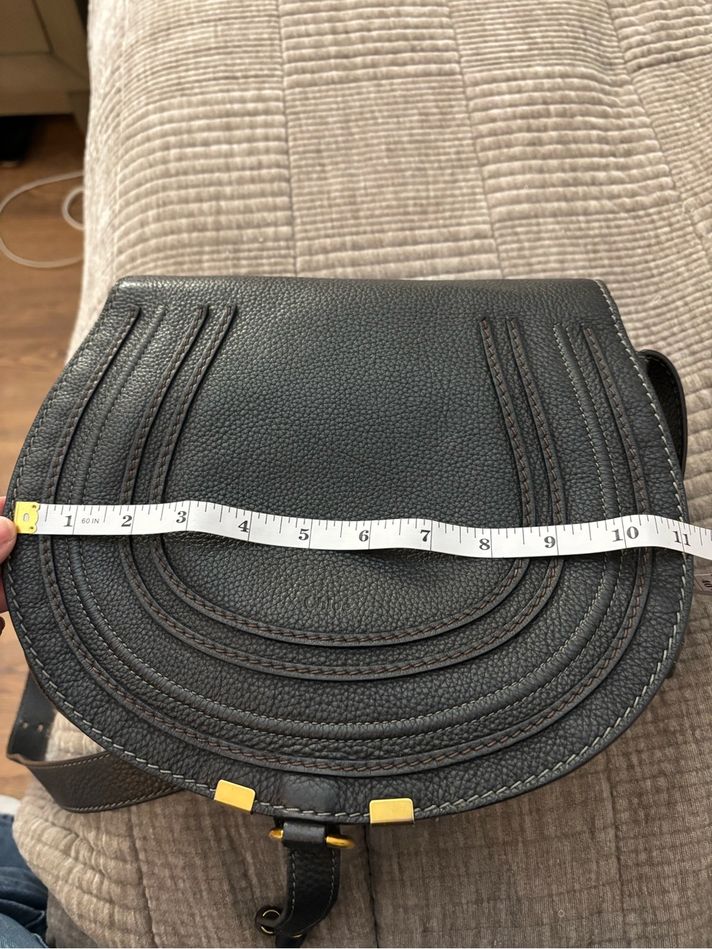 Chloe Black Leather Curved Saddle Crossbody with Gold Accents - Picture 9 of 10